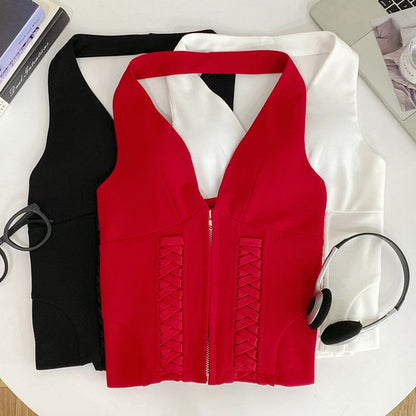 Halter Neck Zip-Up Crop Top with Lace-Up Details