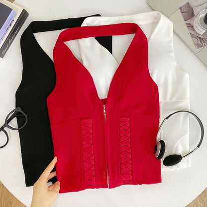 Halter Neck Zip-Up Crop Top with Lace-Up Details