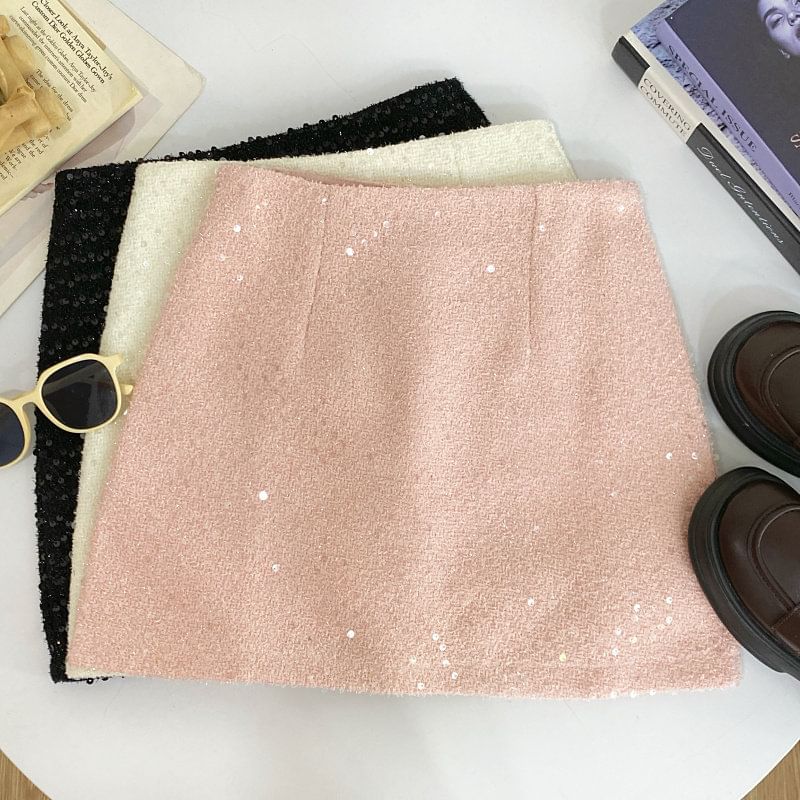 Tweed Sequin High-Waist Mini Skirt