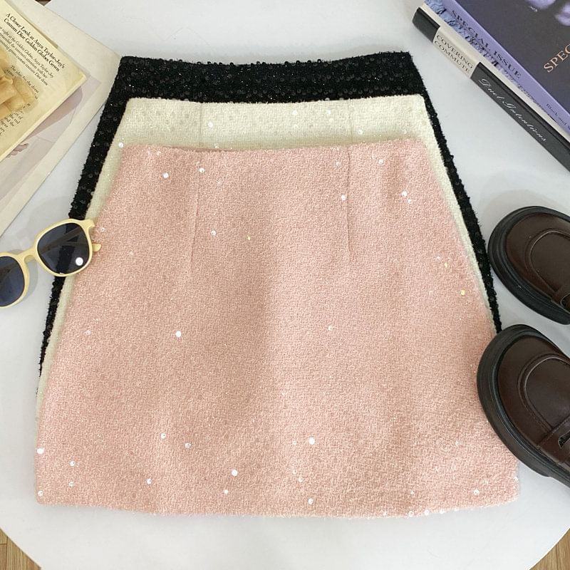 Tweed Sequin High-Waist Mini Skirt