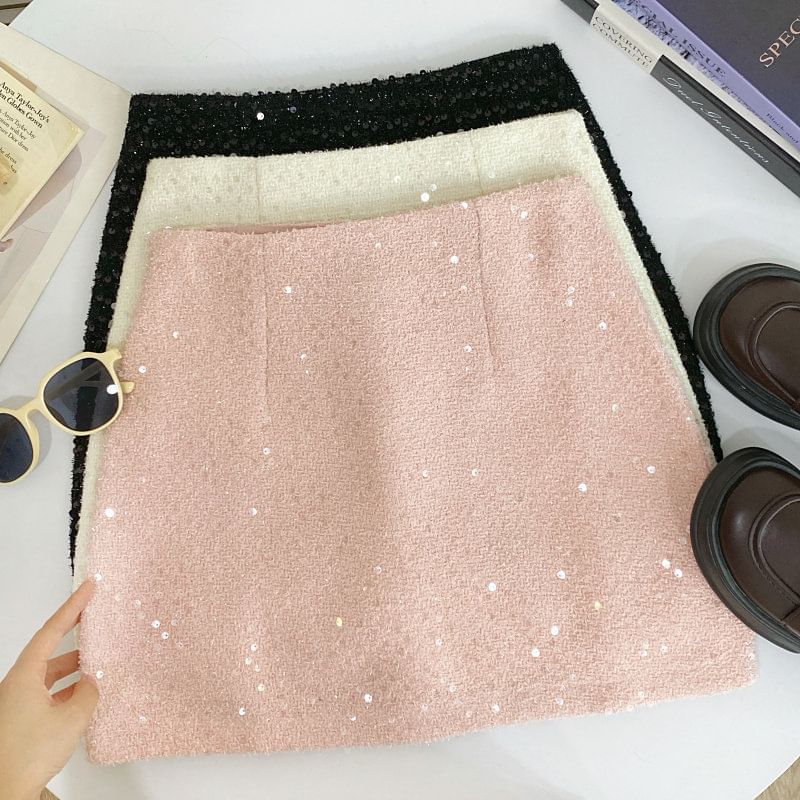 Tweed Sequin High-Waist Mini Skirt
