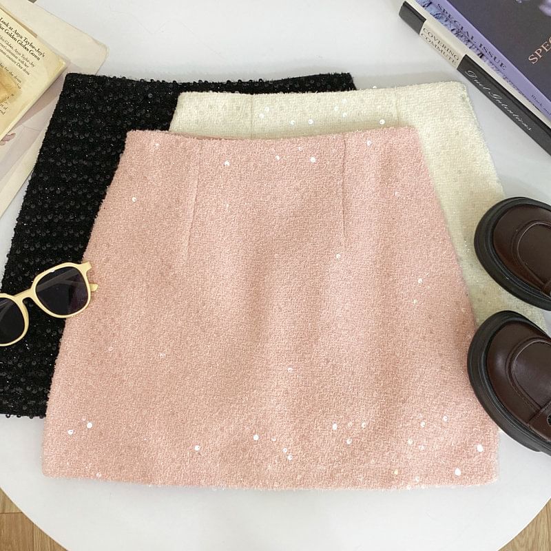 Tweed Sequin High-Waist Mini Skirt