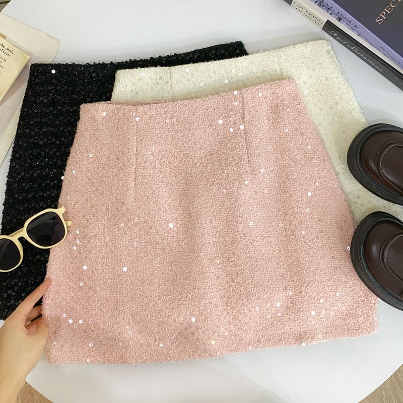 Tweed Sequin High-Waist Mini Skirt