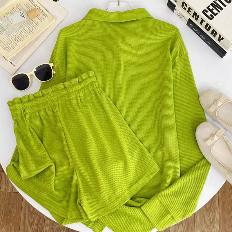 Long-Sleeve Waffle Knit Tee and Shorts Co-ord