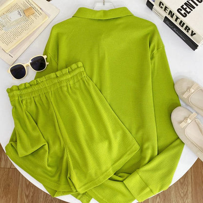 Long-Sleeve Waffle Knit Tee and Shorts Co-ord