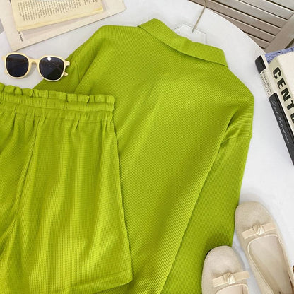 Long-Sleeve Waffle Knit Tee and Shorts Co-ord