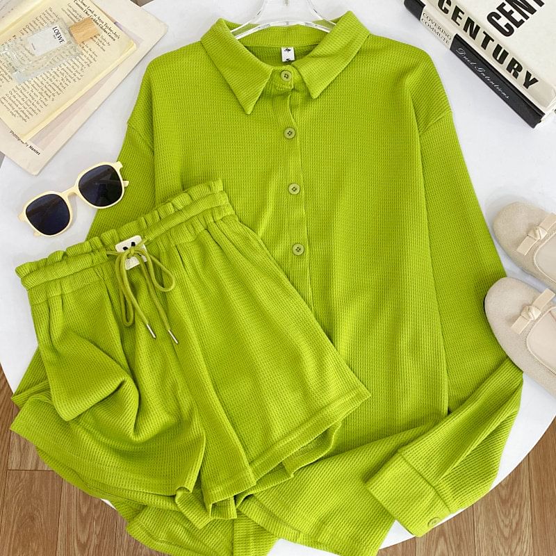 Long-Sleeve Waffle Knit Tee and Shorts Co-ord