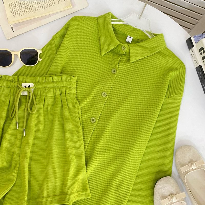 Long-Sleeve Waffle Knit Tee and Shorts Co-ord