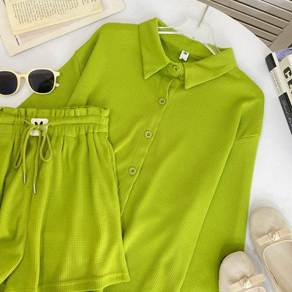 Long-Sleeve Waffle Knit Tee and Shorts Co-ord