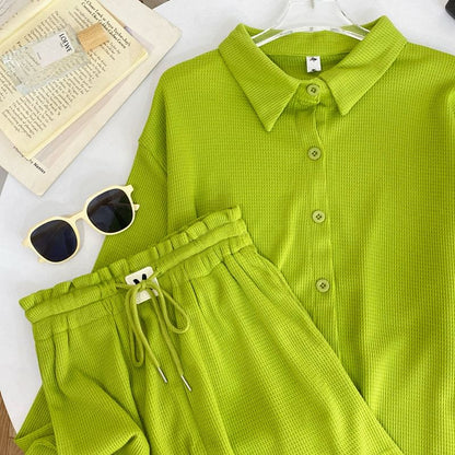 Long-Sleeve Waffle Knit Tee and Shorts Co-ord