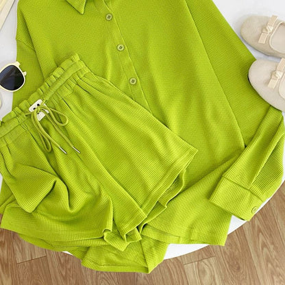 Long-Sleeve Waffle Knit Tee and Shorts Co-ord