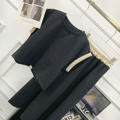 Two-Tone Short-Sleeve Top and Maxi A-Line Skirt Ensemble
