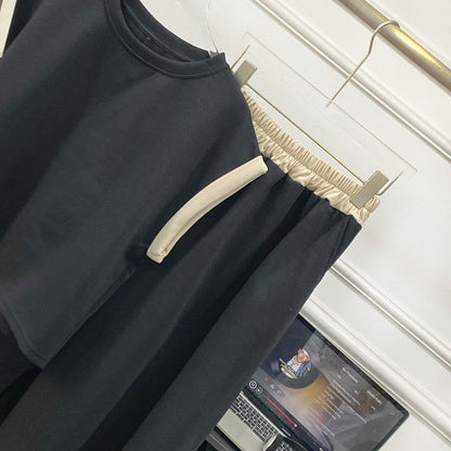 Two-Tone Short-Sleeve Top and Maxi A-Line Skirt Ensemble