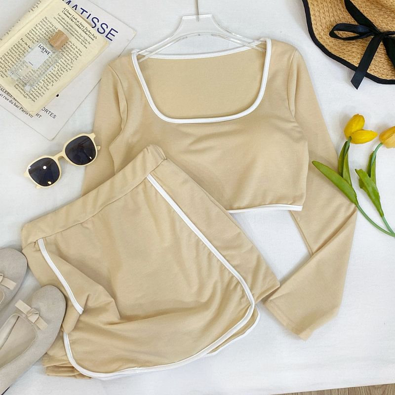 Square Neck Long-Sleeve Crop Tee and Mini Skort Set