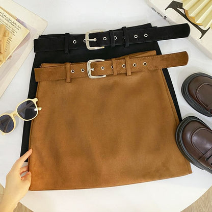 Faux Suede Mid-Waist Solid Mini Skirt with Belt