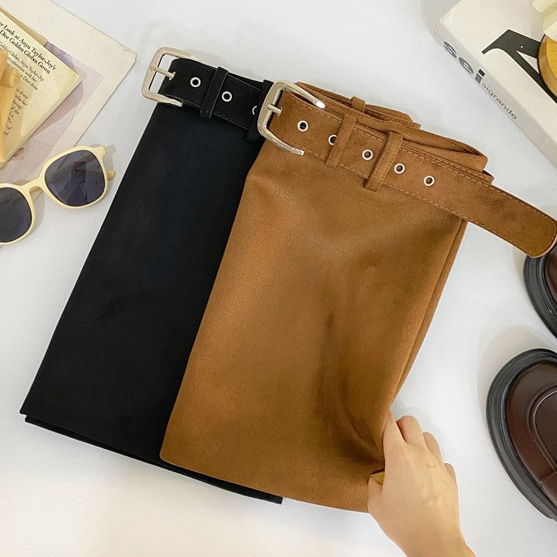Faux Suede Mid-Waist Solid Mini Skirt with Belt