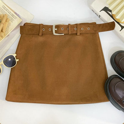 Faux Suede Mid-Waist Solid Mini Skirt with Belt