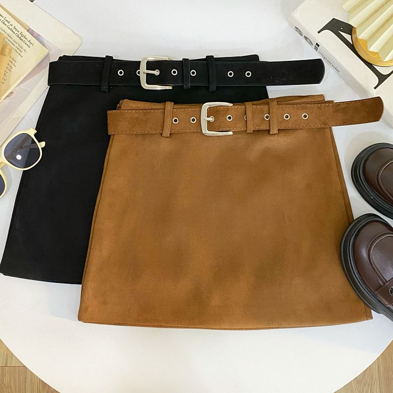 Faux Suede Mid-Waist Solid Mini Skirt with Belt