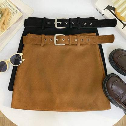 Faux Suede Mid-Waist Solid Mini Skirt with Belt