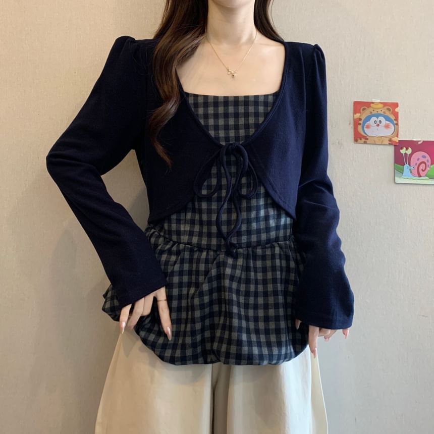 Square Neck Long-Sleeve Plaid Blouse with Two-Piece Illusion