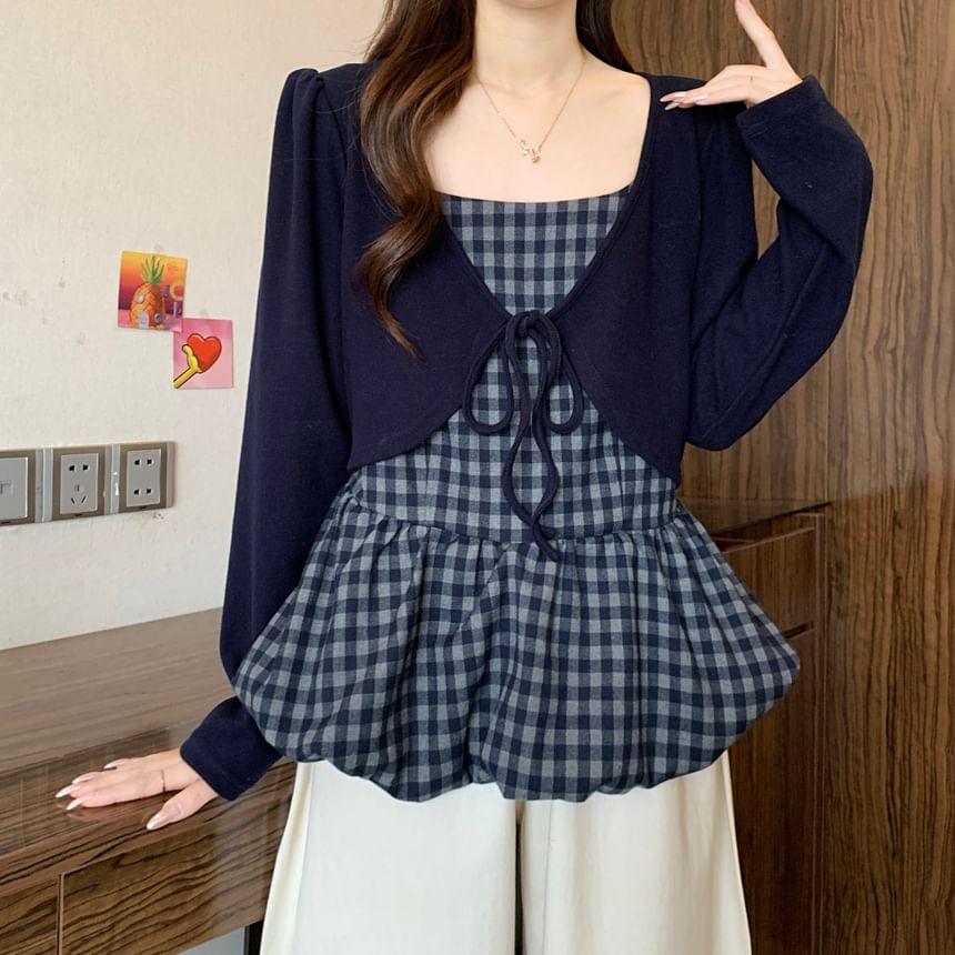 Square Neck Long-Sleeve Plaid Blouse with Two-Piece Illusion