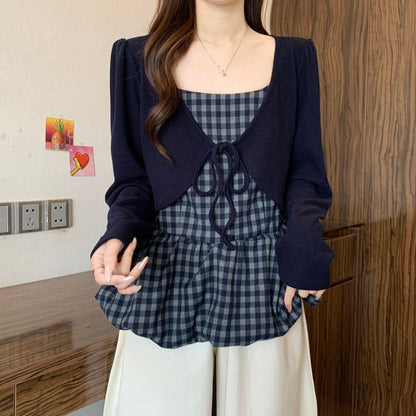 Square Neck Long-Sleeve Plaid Blouse with Two-Piece Illusion