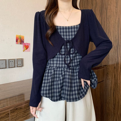 Square Neck Long-Sleeve Plaid Blouse with Two-Piece Illusion