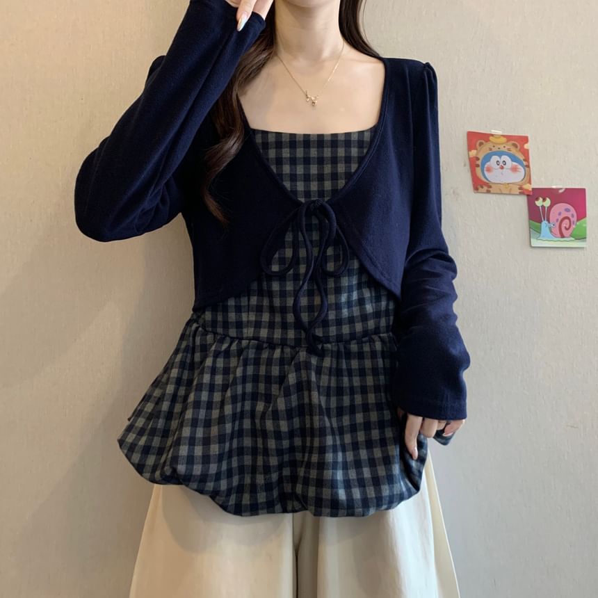 Square Neck Long-Sleeve Plaid Blouse with Two-Piece Illusion