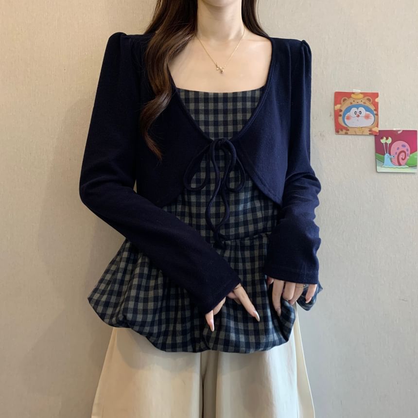 Square Neck Long-Sleeve Plaid Blouse with Two-Piece Illusion