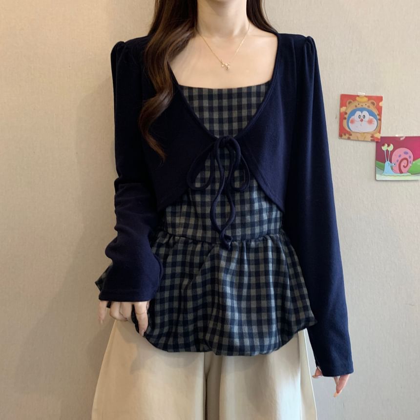 Square Neck Long-Sleeve Plaid Blouse with Two-Piece Illusion