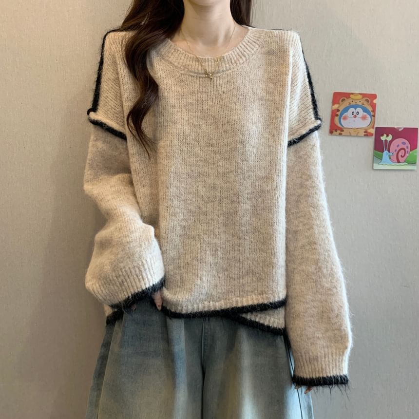 Round Neck Drop Shoulder Sweater with Contrast Trim