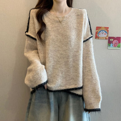 Round Neck Drop Shoulder Sweater with Contrast Trim
