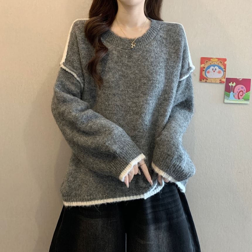 Round Neck Drop Shoulder Sweater with Contrast Trim