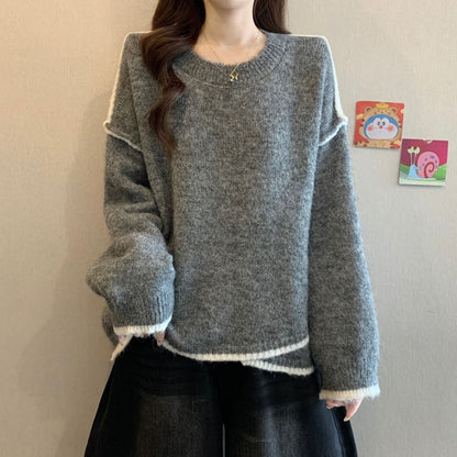 Round Neck Drop Shoulder Sweater with Contrast Trim