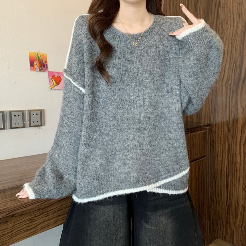 Round Neck Drop Shoulder Sweater with Contrast Trim