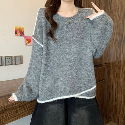 Round Neck Drop Shoulder Sweater with Contrast Trim