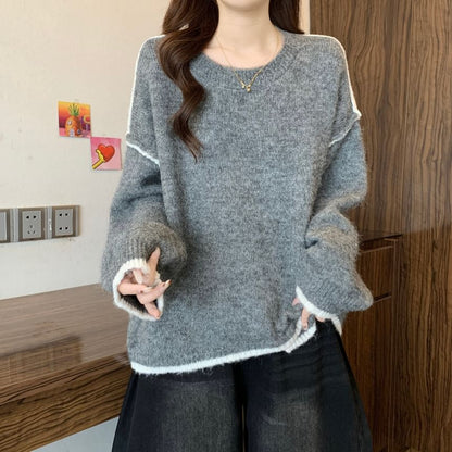 Round Neck Drop Shoulder Sweater with Contrast Trim