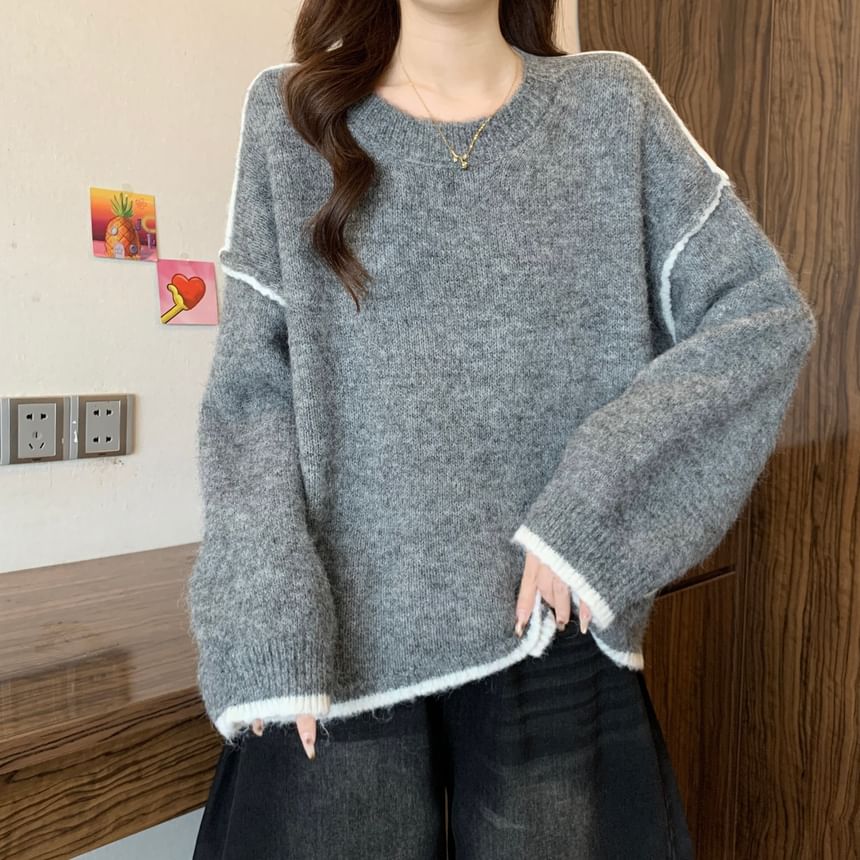Round Neck Drop Shoulder Sweater with Contrast Trim