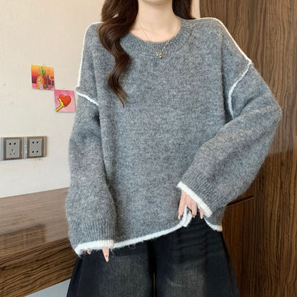 Round Neck Drop Shoulder Sweater with Contrast Trim