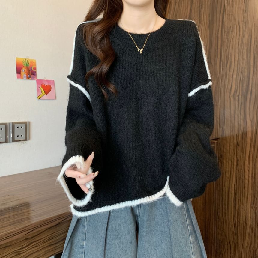 Round Neck Drop Shoulder Sweater with Contrast Trim