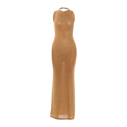 Sleeveless Rhinestone Open-Back Maxi Bodycon Dress