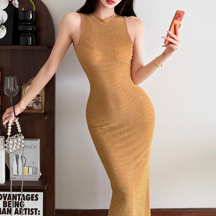 Sleeveless Rhinestone Open-Back Maxi Bodycon Dress