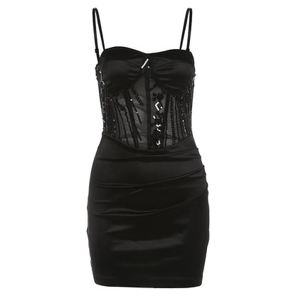 Spaghetti Strap Sequin Sheer Paneled Mini Bodycon Dress