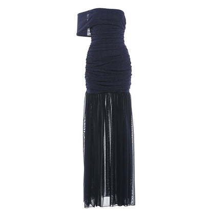 Short Sleeve Off Shoulder Glitter Sheer Slit Maxi A-Line Dress