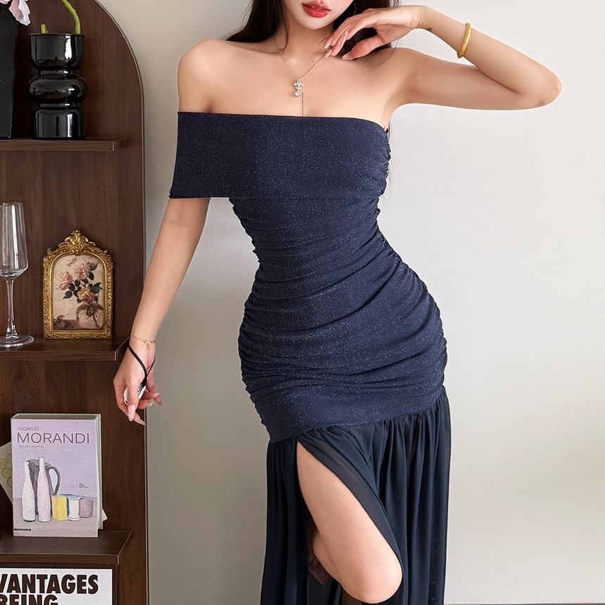 Short Sleeve Off Shoulder Glitter Sheer Slit Maxi A-Line Dress