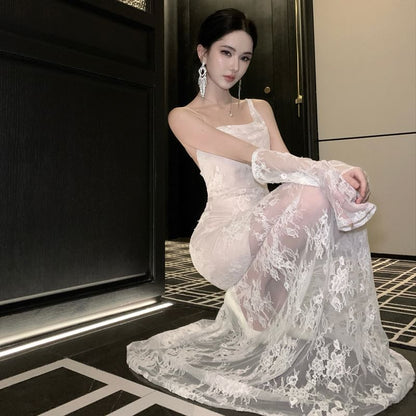 Set: Spaghetti Strap Open Back Lace Maxi Mermaid Dress + Arm Sleeves