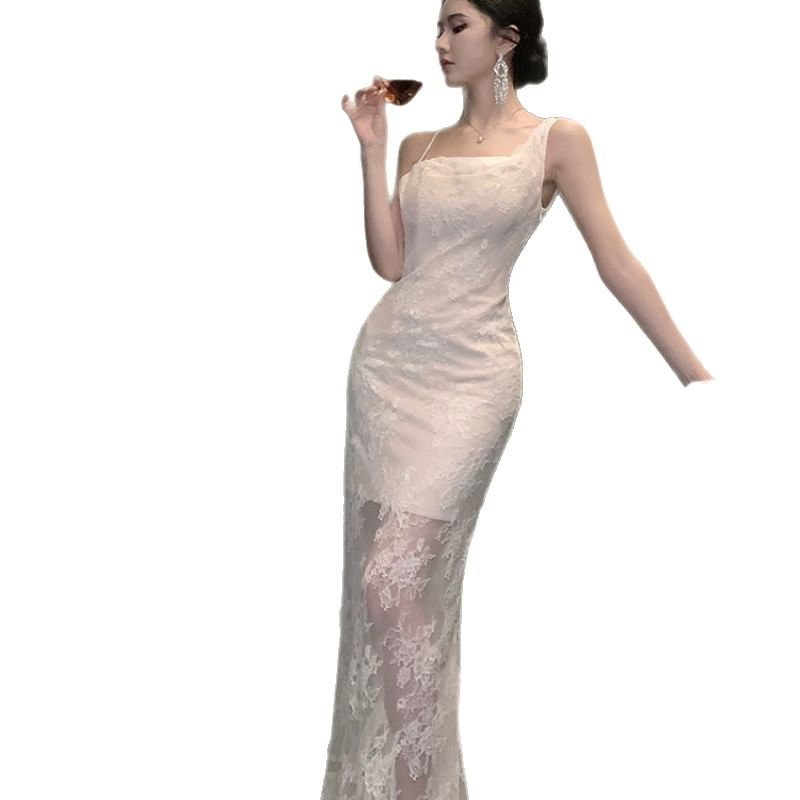 Set: Spaghetti Strap Open Back Lace Maxi Mermaid Dress + Arm Sleeves