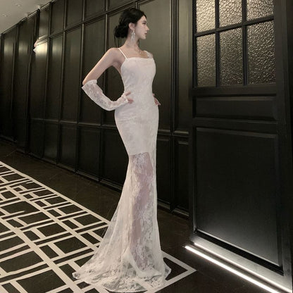 Set: Spaghetti Strap Open Back Lace Maxi Mermaid Dress + Arm Sleeves