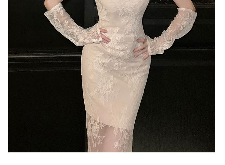 Set: Spaghetti Strap Open Back Lace Maxi Mermaid Dress + Arm Sleeves