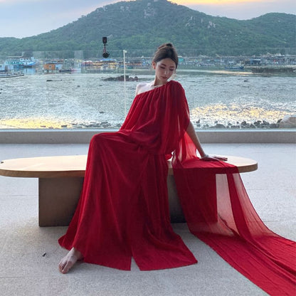Set: Cap-Sleeve One-Shoulder Plain Slit Maxi A-Line Dress + Scarf